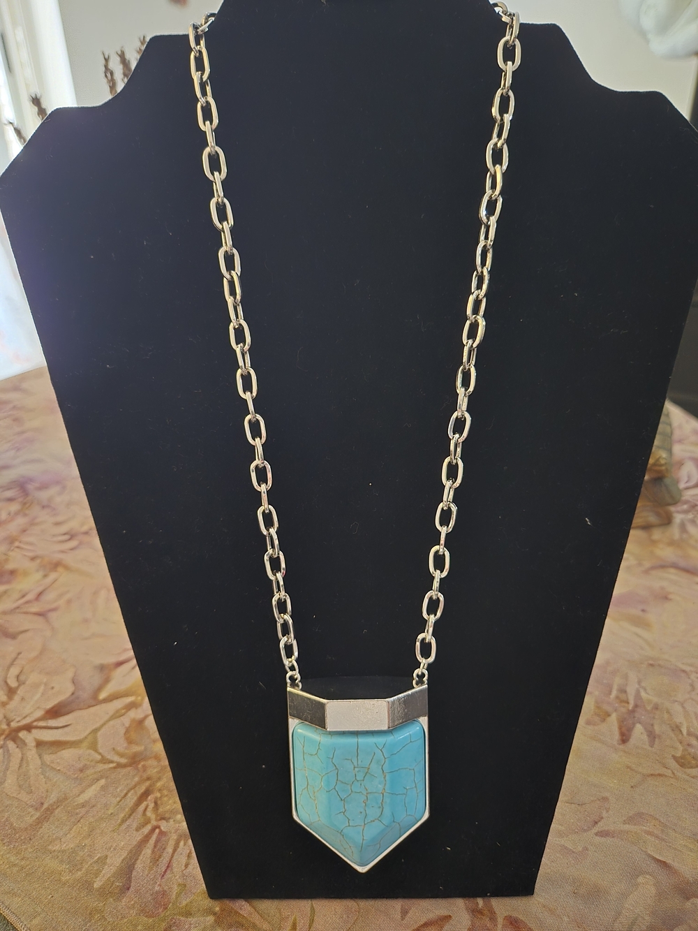 Turquoise Pendant Long Necklace - Silver Chain